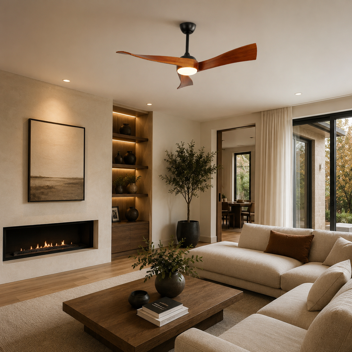 Ventilateur de plafond à trois pales en bois avec LED centrale — Étoupe