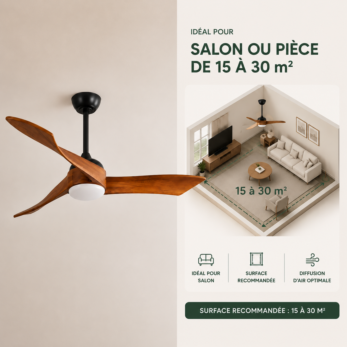Ventilateur de plafond à trois pales en bois avec LED centrale — Étoupe