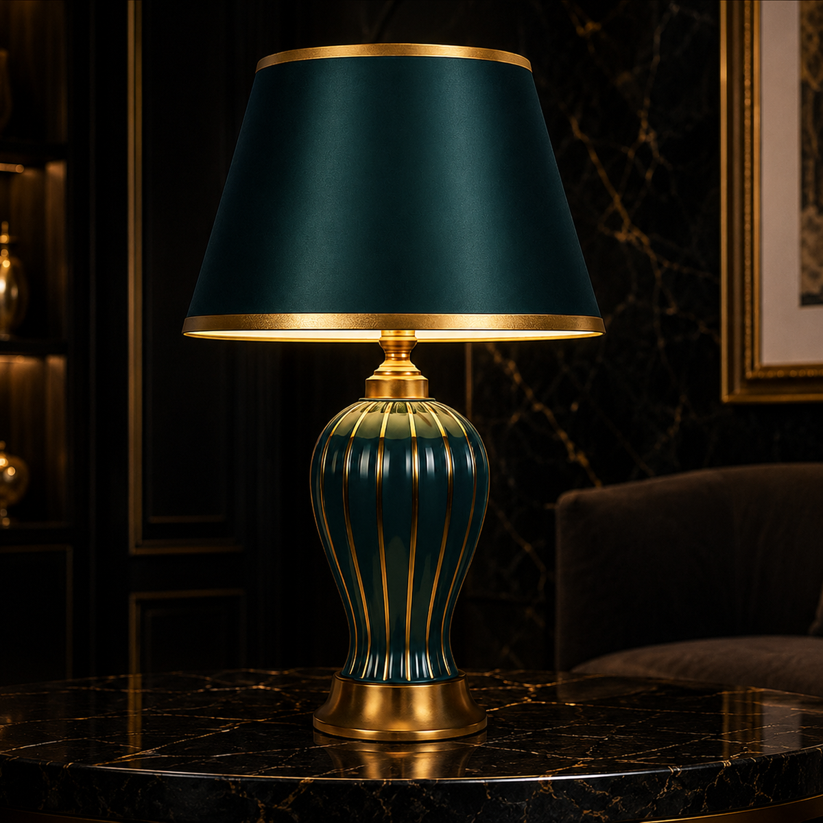 Lampe à poser en céramique à pied cannelé et abat-jour plissé — Éphémère