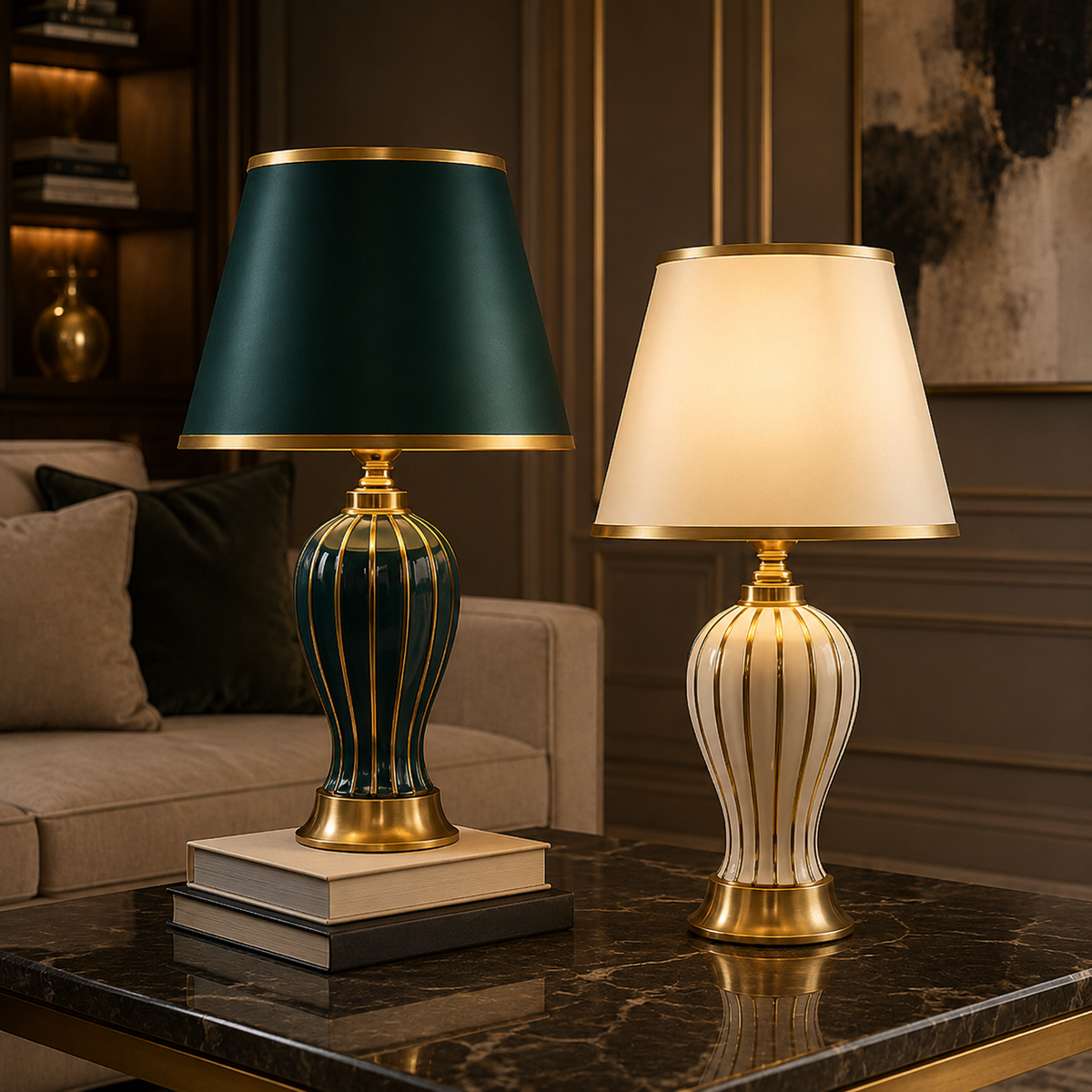 Lampe à poser en céramique à pied cannelé et abat-jour plissé — Éphémère