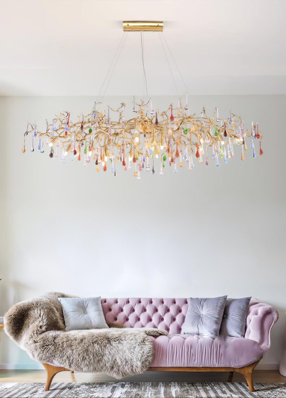 Lustre nuage de branches en laiton et gouttes de cristal coloré — Thuya