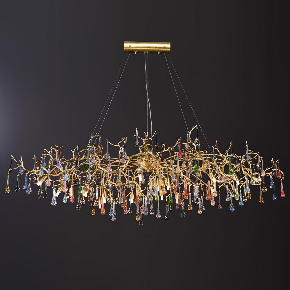 Lustre nuage de branches en laiton et gouttes de cristal coloré — Thuya