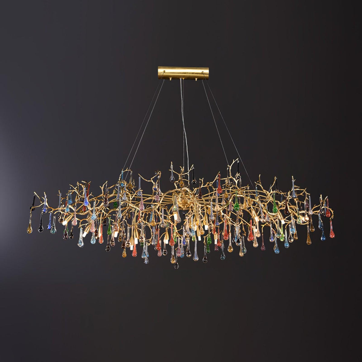 Lustre nuage de branches en laiton et gouttes de cristal coloré — Thuya