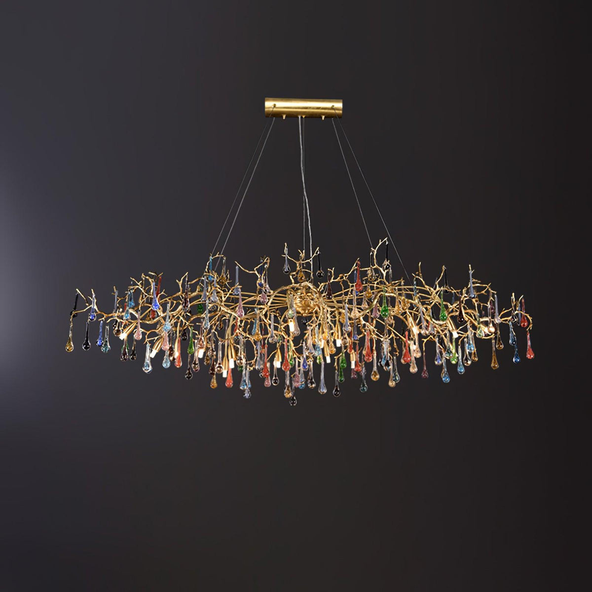 Lustre nuage de branches en laiton et gouttes de cristal coloré — Thuya