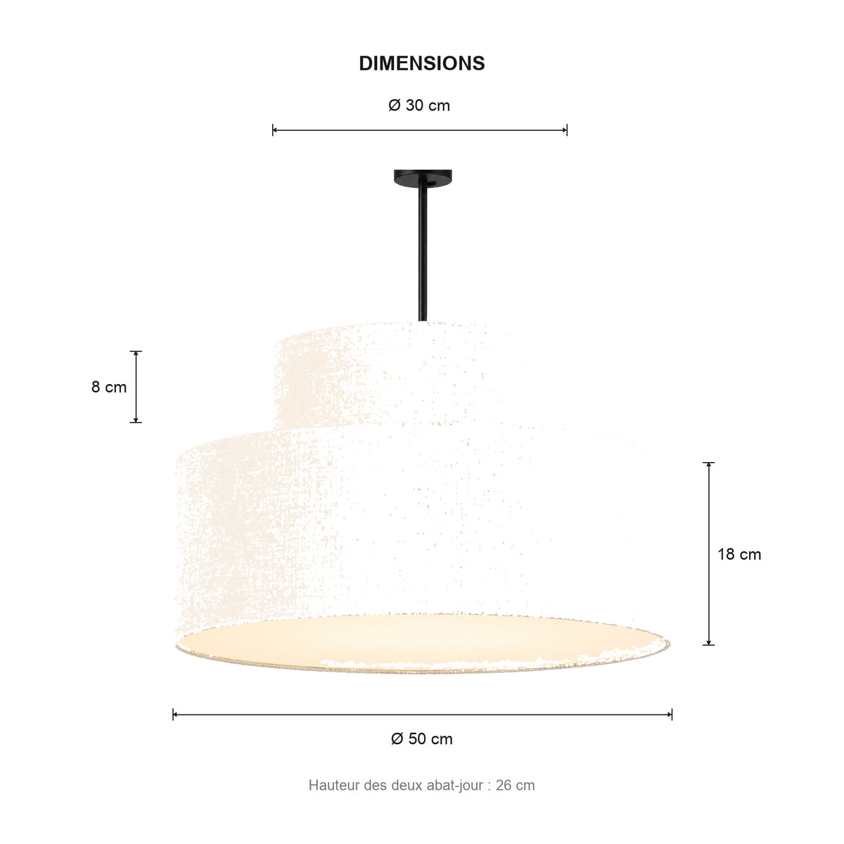 Dimensions de la suspension Meringue : grand abat-jour 50 cm, petit abat-jour 30 cm
