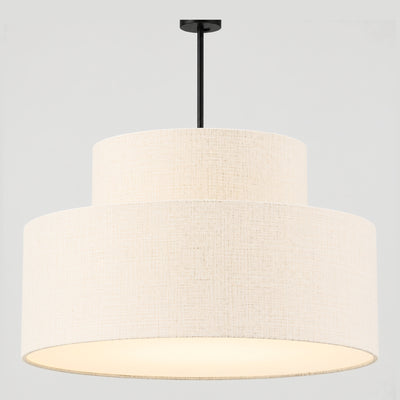 Suspension Meringue a double abat-jour en lin blanc creme, allumee, sur fond clair