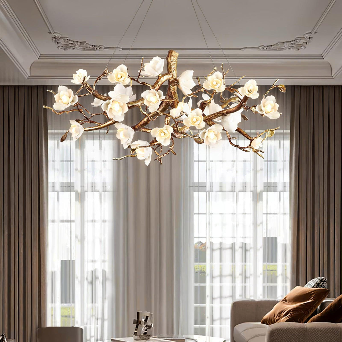 Lustre rond en laiton à branches fleuries en céramique — Grésil
