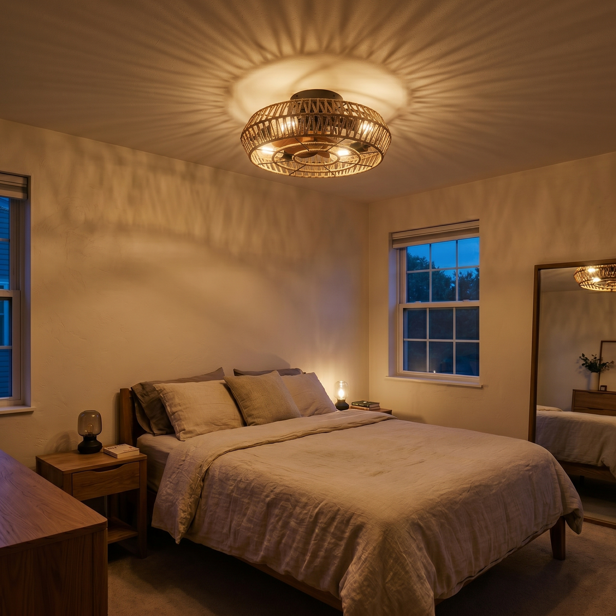 Ventilateur de plafond cage en rotin tressé et métal noir — Ambroisie