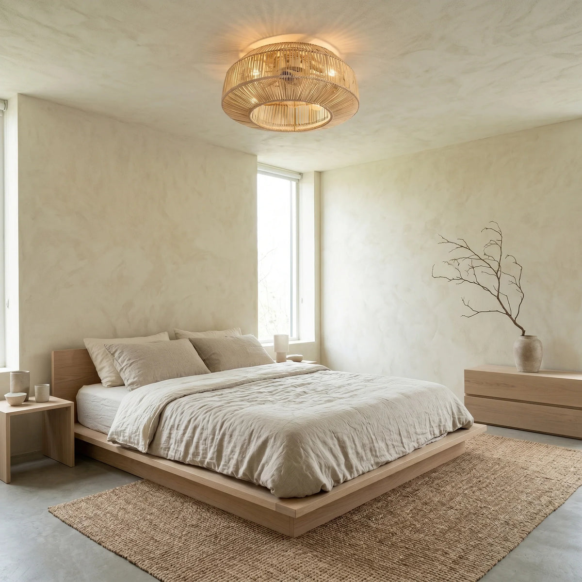 Ventilateur de plafond dôme en rotin tressé à pales cachées — Amarante