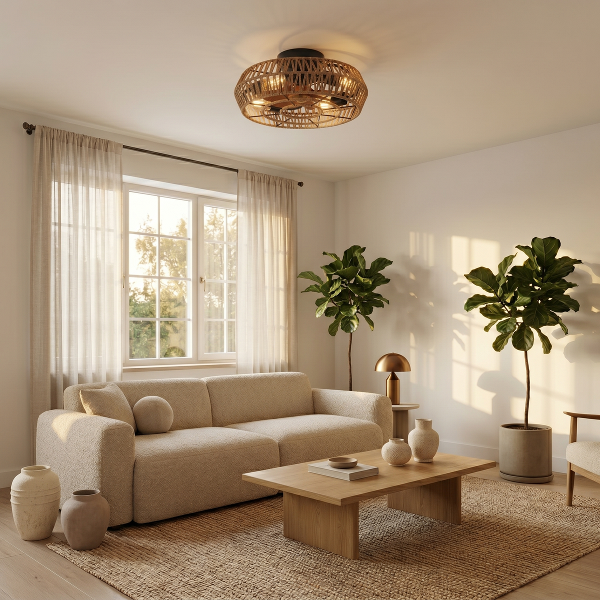 Ventilateur de plafond cage en rotin tressé et métal noir — Ambroisie
