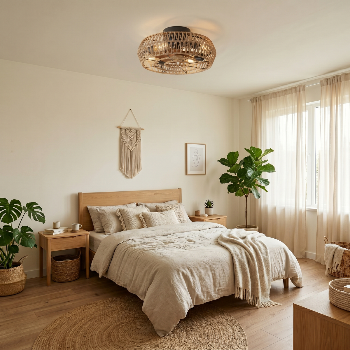 Ventilateur de plafond cage en rotin tressé et métal noir — Ambroisie