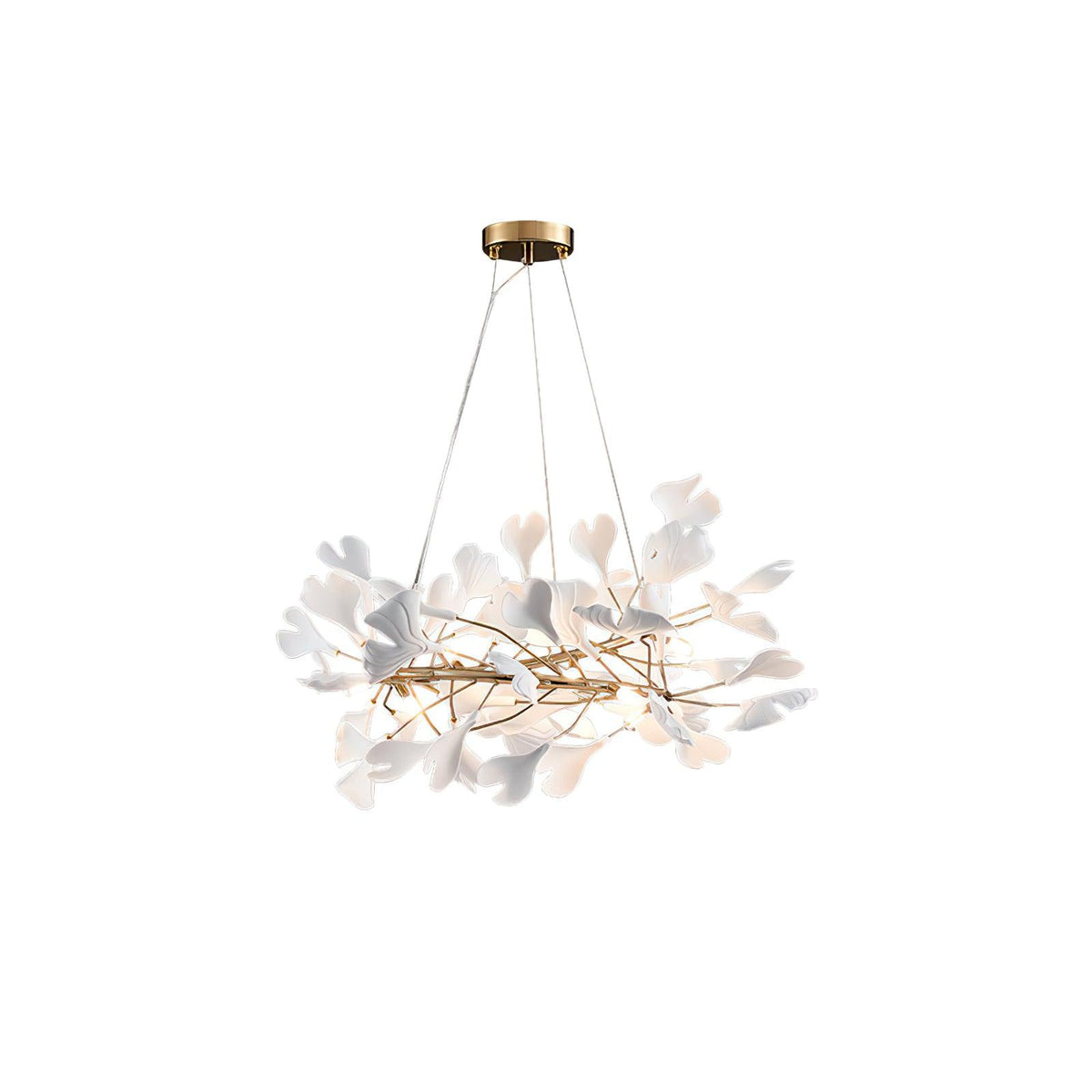 Lustre circulaire à feuilles de céramique et branches dorées — Lavaret