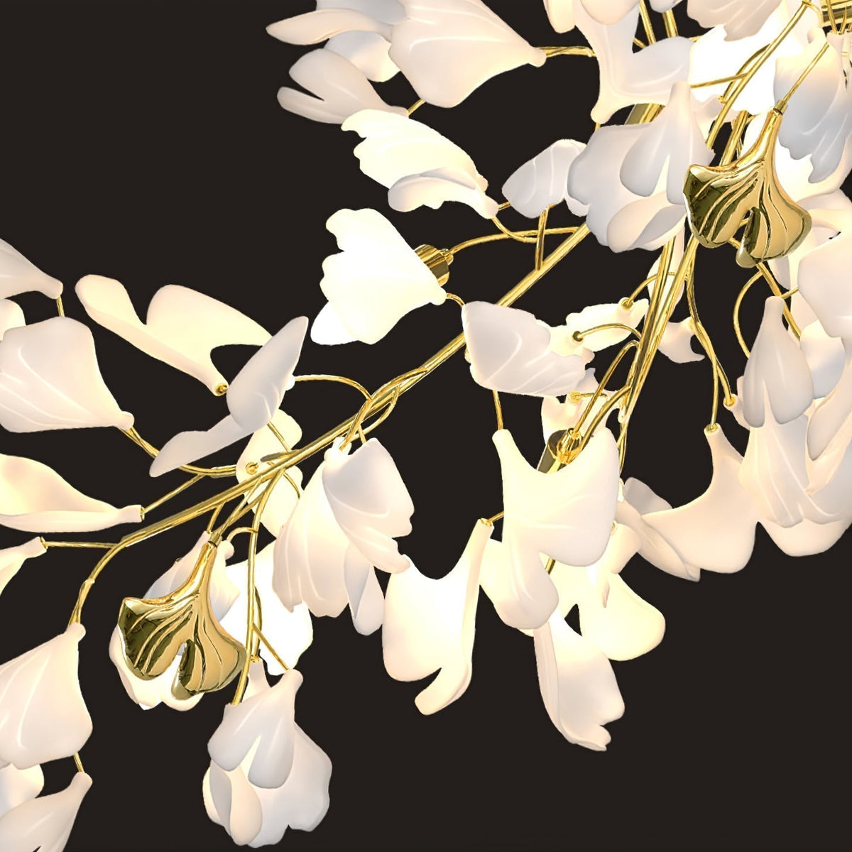 Lustre en cascade à feuilles de ginkgo en céramique blanche — Maillechort