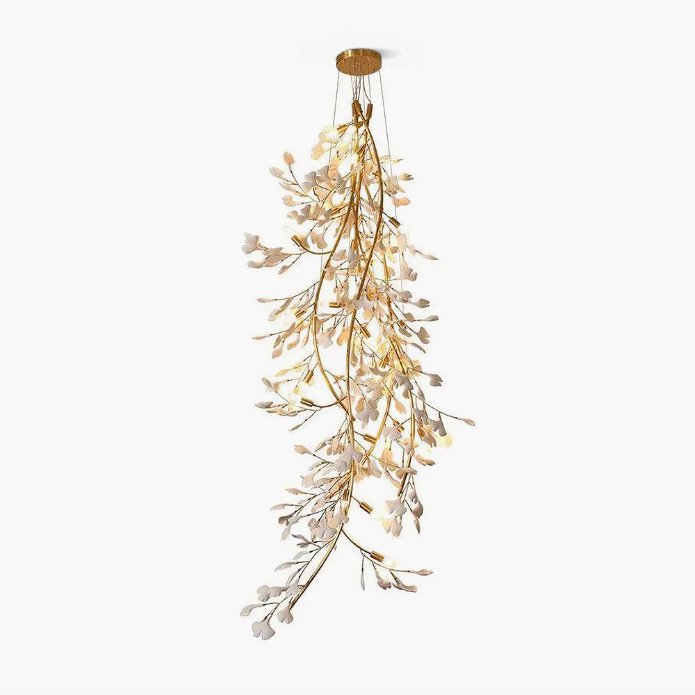 Lustre en cascade à feuilles de ginkgo en céramique blanche — Maillechort