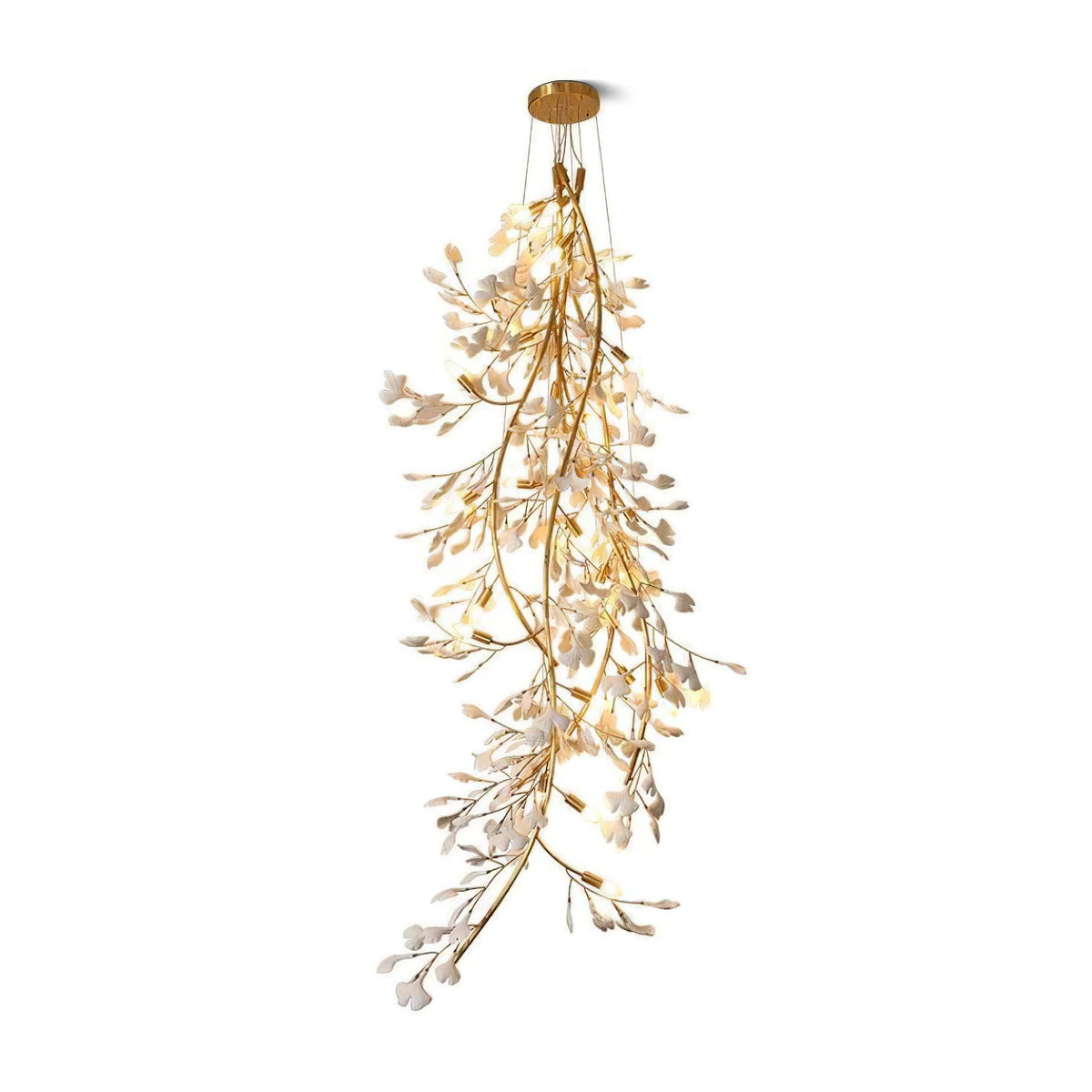 Lustre en cascade à feuilles de ginkgo en céramique blanche — Maillechort