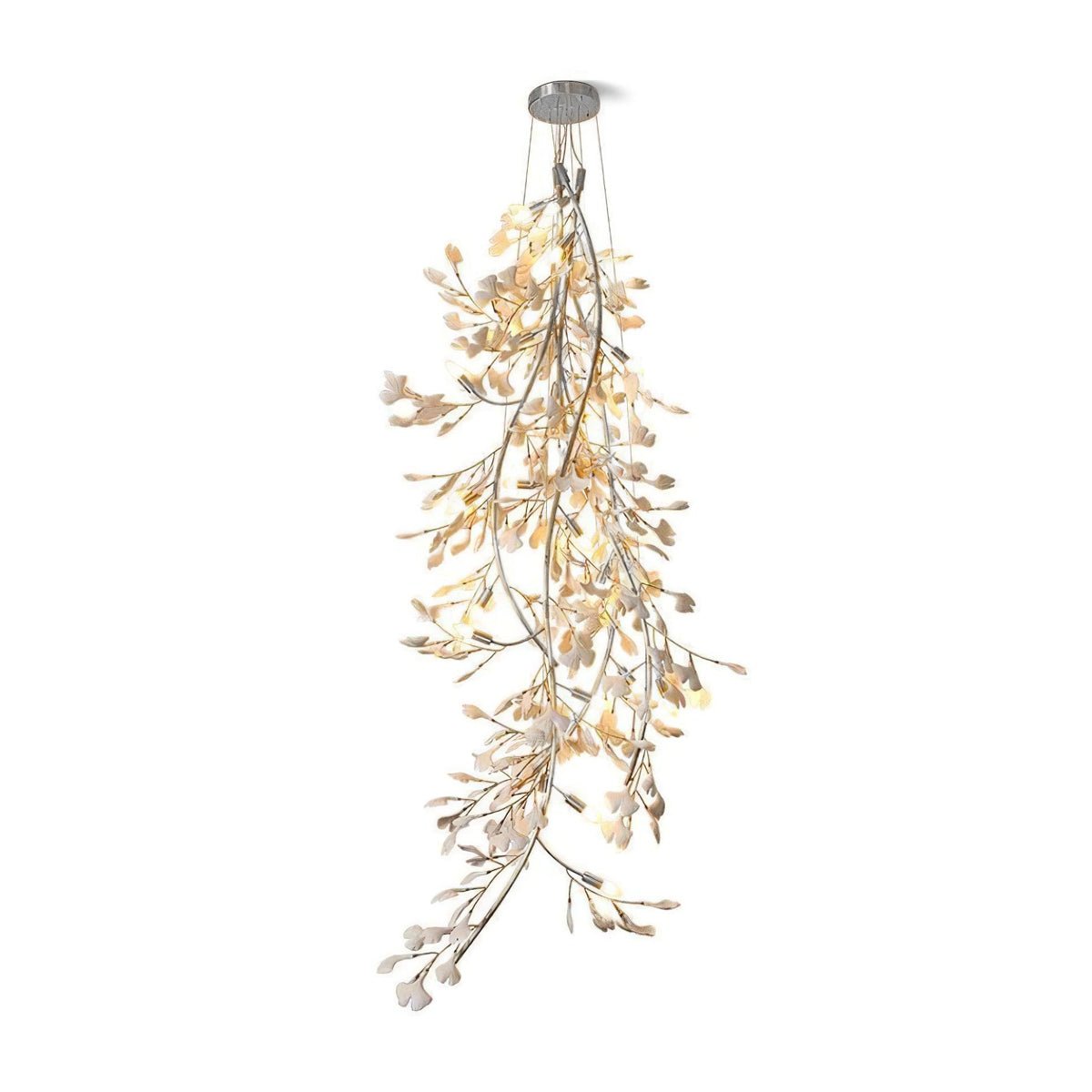 Lustre en cascade à feuilles de ginkgo en céramique blanche — Maillechort