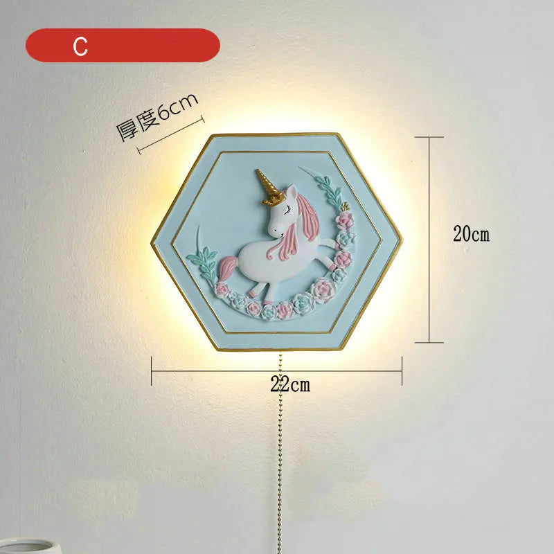 applique murale licorne princesse dessin animé avec interrupteur hexagonal