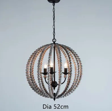 lustre rond en perles de bois style rétro rustique en fer blanc