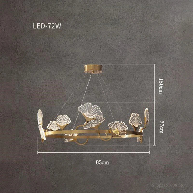 lustre en cuivre simple avec feuilles design led style chinois