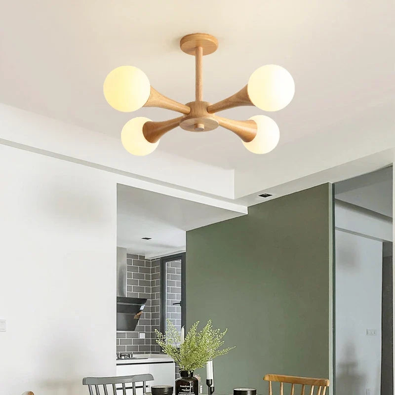 lustre moderne en bois avec abat-jour en verre