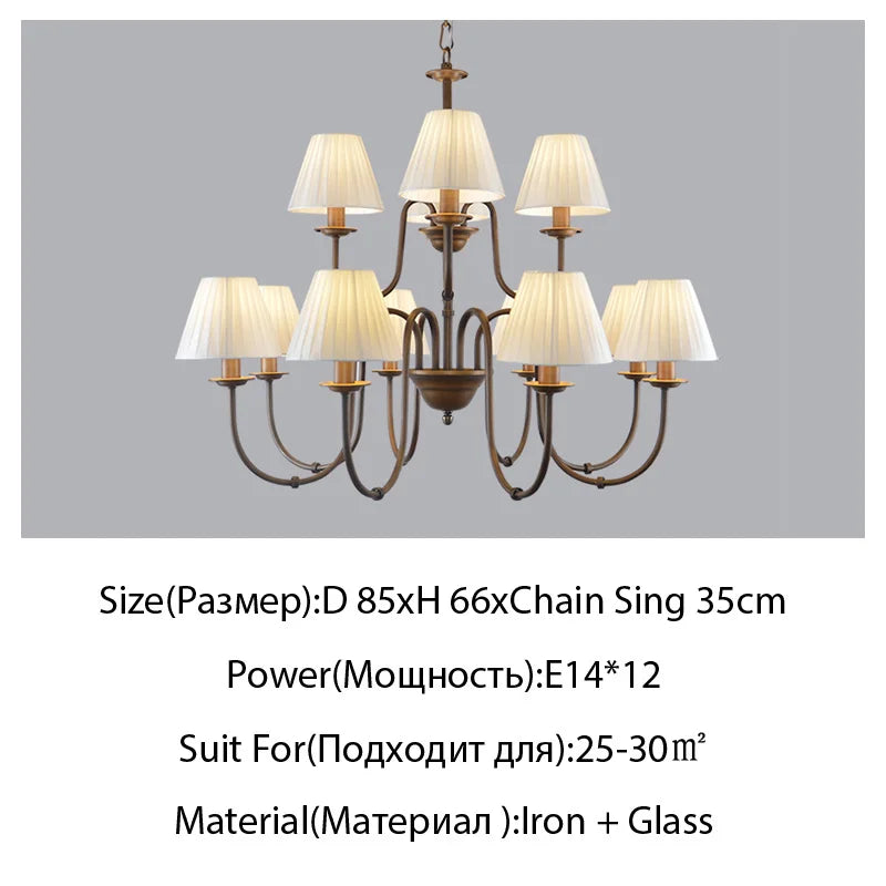 Lustre de pays européen et américain classique en fer forgé salon chambre lampe salle à manger tissu abat-jour lustre