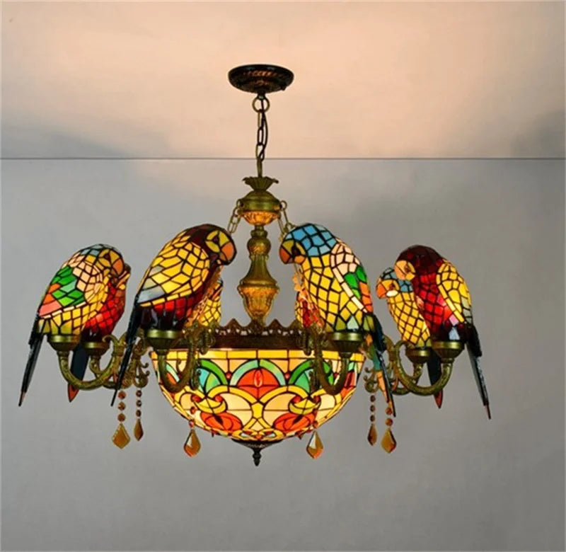 lustre tiffany vitrail lumineux oiseau perroquet design élégant intérieur