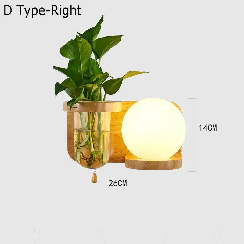 applique murale nordique bois plante verte abat-jour verre led