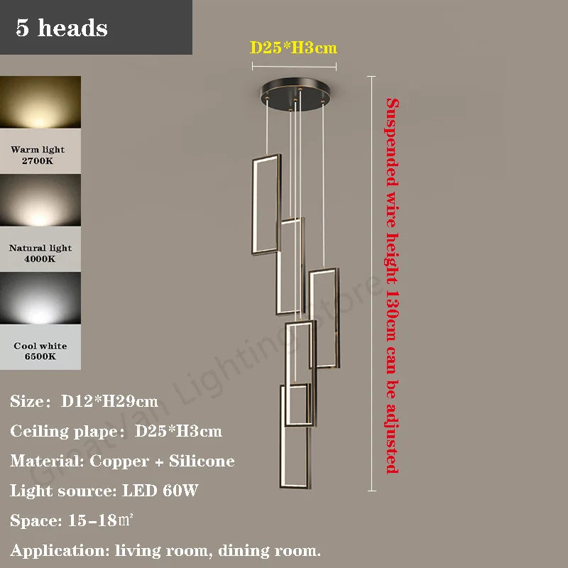 lustre led rectangulaire moderne en cuivre pour escaliers et loft