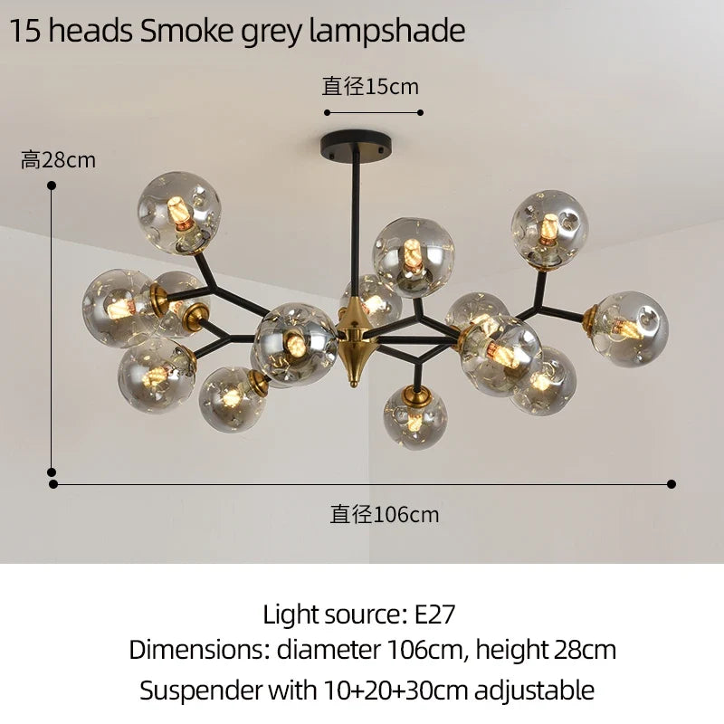 lustre moderne à branches rotatives en verre avec éclairage led