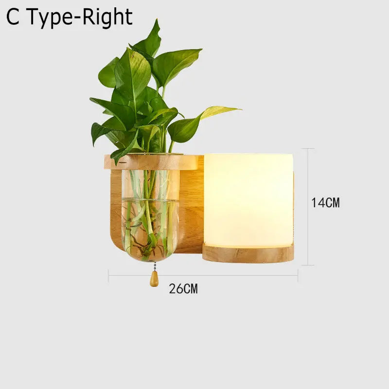 applique murale nordique bois plante verte abat-jour verre led