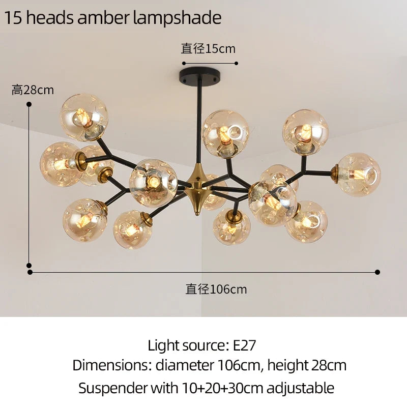 lustre moderne à branches rotatives en verre avec éclairage led