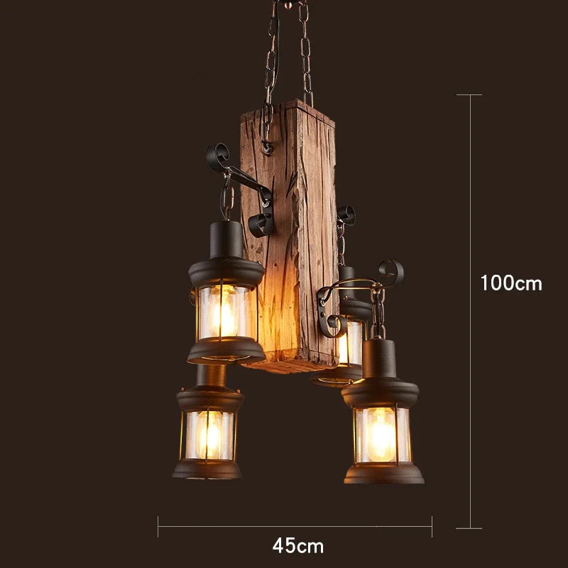 lustre vintage loft en bois avec suspension LED