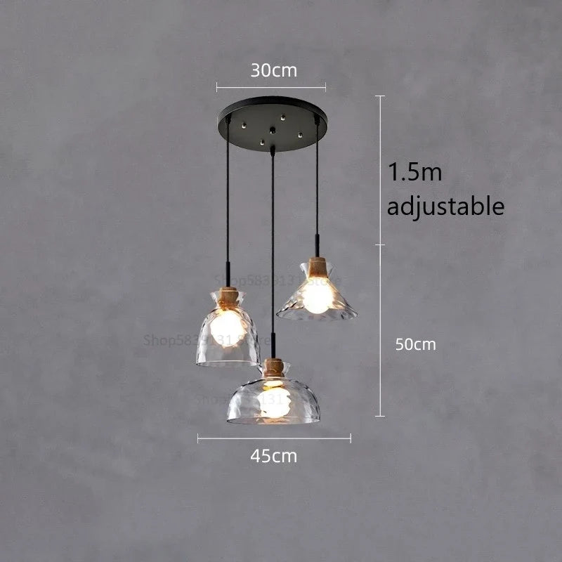 suspension led en verre grain d'eau et bois nordique rétro