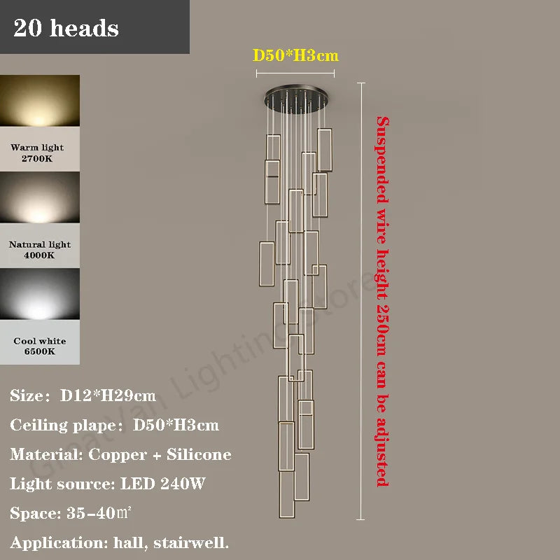 lustre led rectangulaire moderne en cuivre pour escaliers et loft