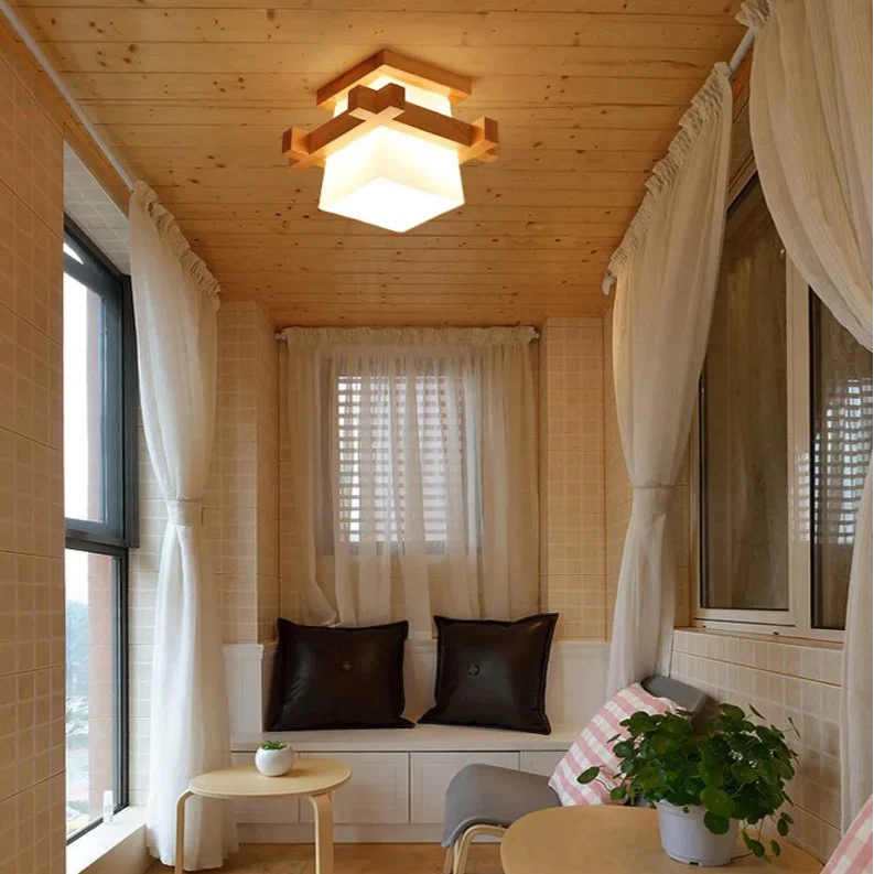 Suspension japonaise design en bois et verre blanc — Brande