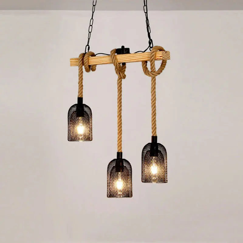 lustre industriel rétro avec 3 têtes en bois et corde de chanvre