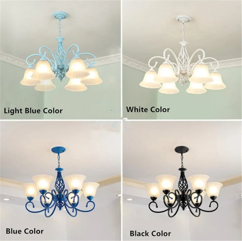 lustre suspendu en fer forgé avec abat jour en verre vintage