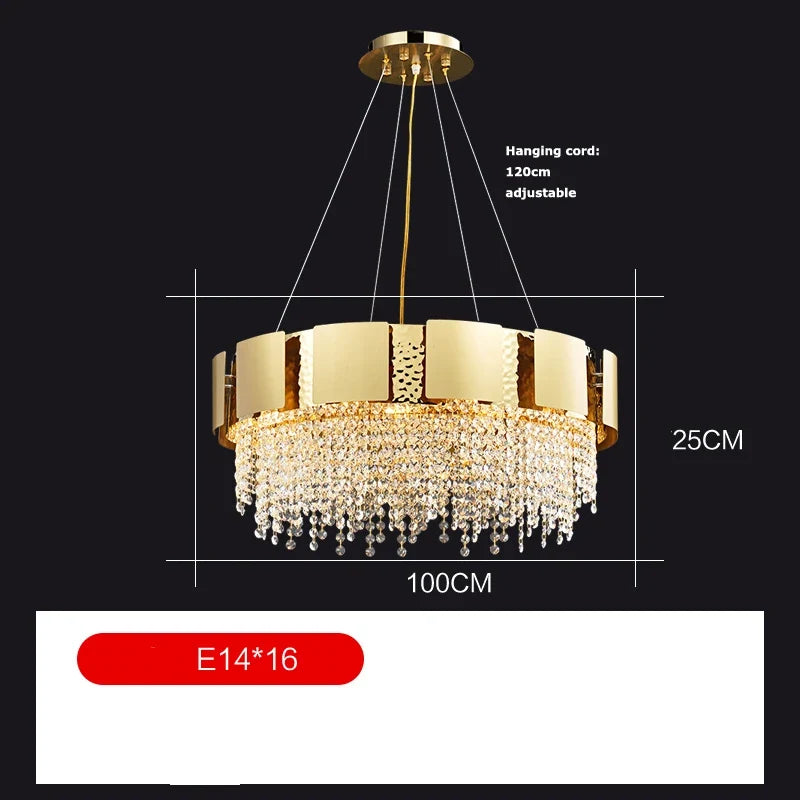 lustre en acier inoxydable à led avec cristal doré