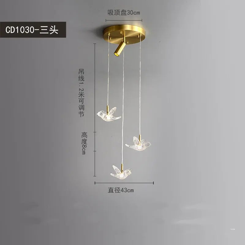 suspension moderne en forme d'oiseau en cuivre et acrylique décoratif