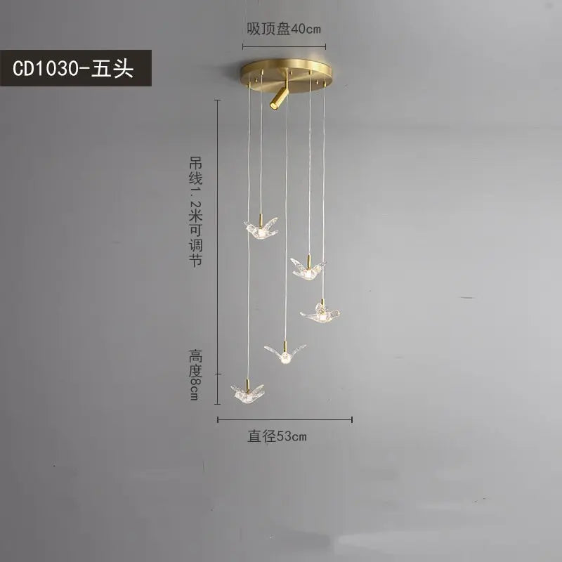 suspension moderne en forme d'oiseau en cuivre et acrylique décoratif