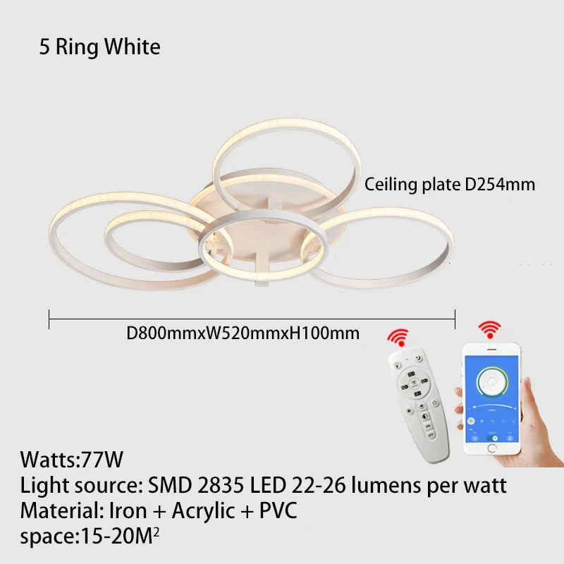Lustre Led moderne anneau Led plafonniers salon chambre lumières plafond noir/blanc 1-5 anneau d'éclairage APP/lustre à distance
