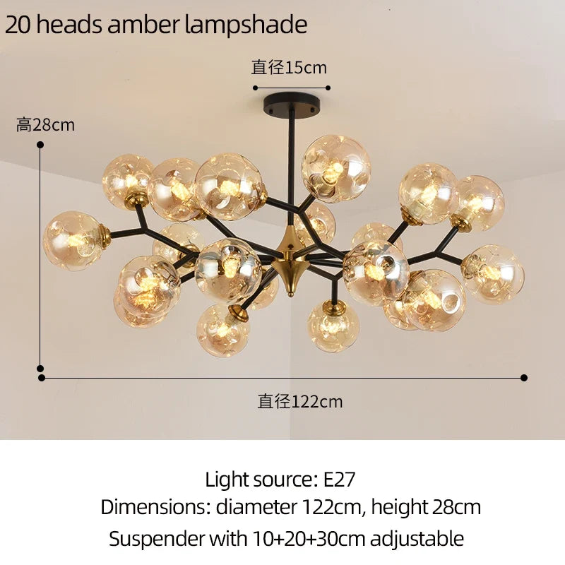 lustre moderne à branches rotatives en verre avec éclairage led