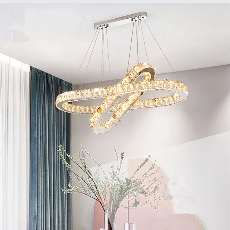 lustre moderne en acier inoxydable avec cristal et éclairage led