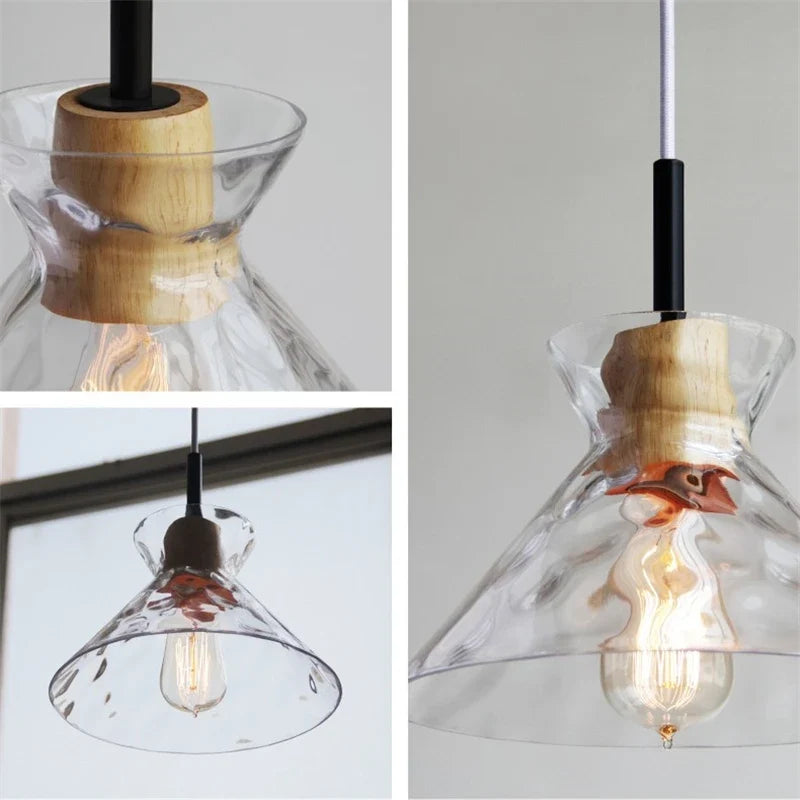 suspension led en verre grain d'eau et bois nordique rétro