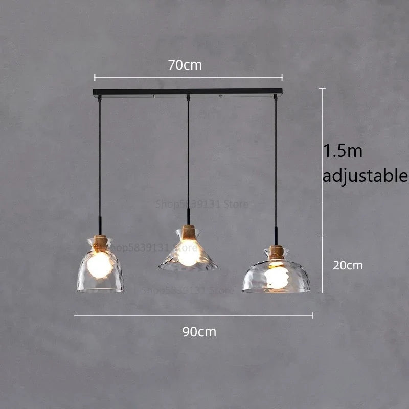 suspension led en verre grain d'eau et bois nordique rétro
