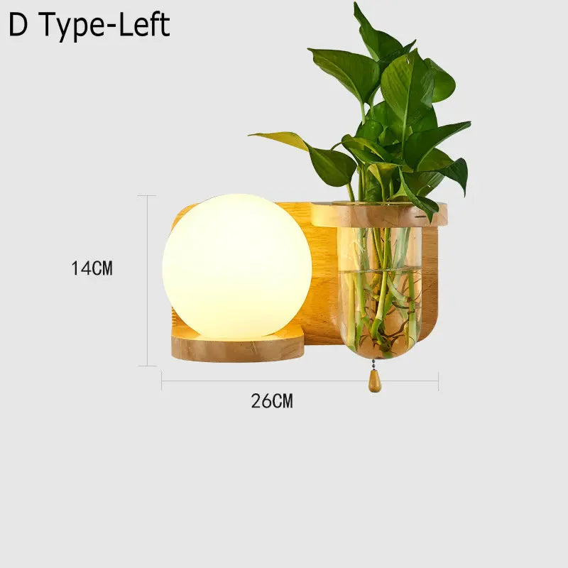 applique murale nordique bois plante verte abat-jour verre led