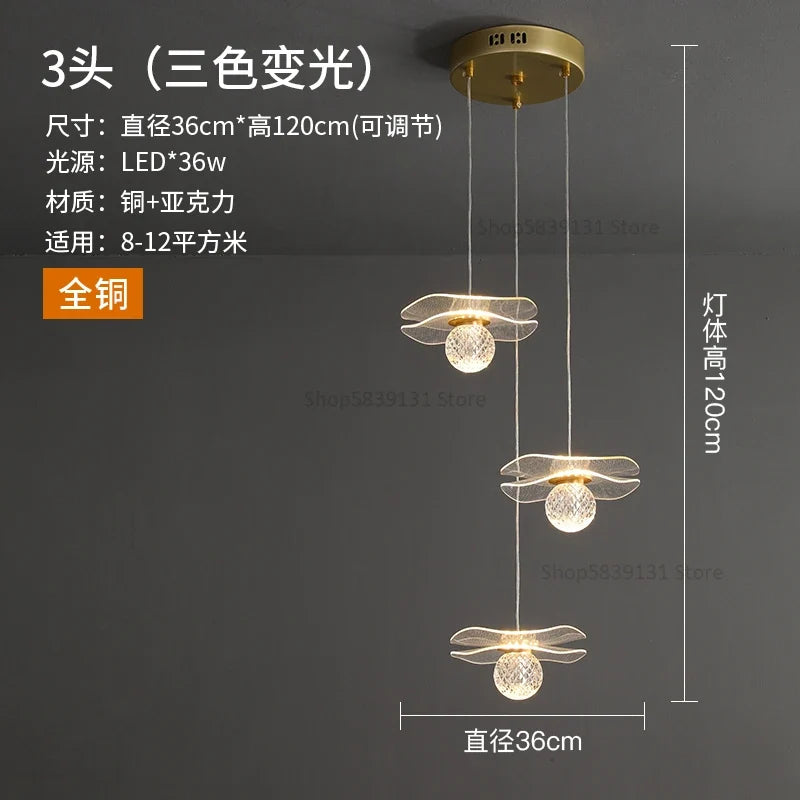 lustre moderne en acrylique et cuivre led feuille de lotus