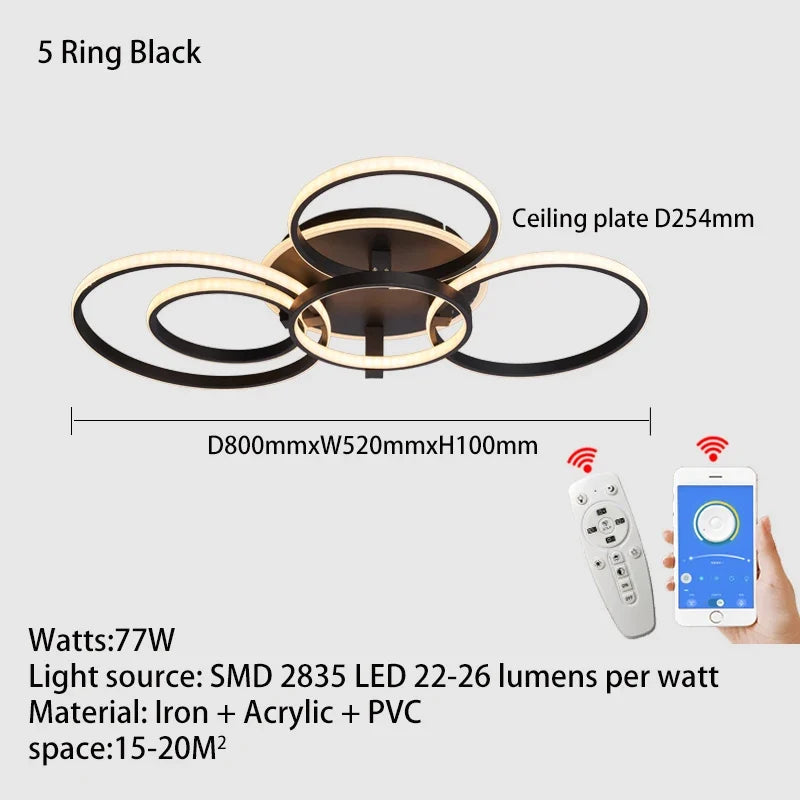 Lustre Led moderne anneau Led plafonniers salon chambre lumières plafond noir/blanc 1-5 anneau d'éclairage APP/lustre à distance