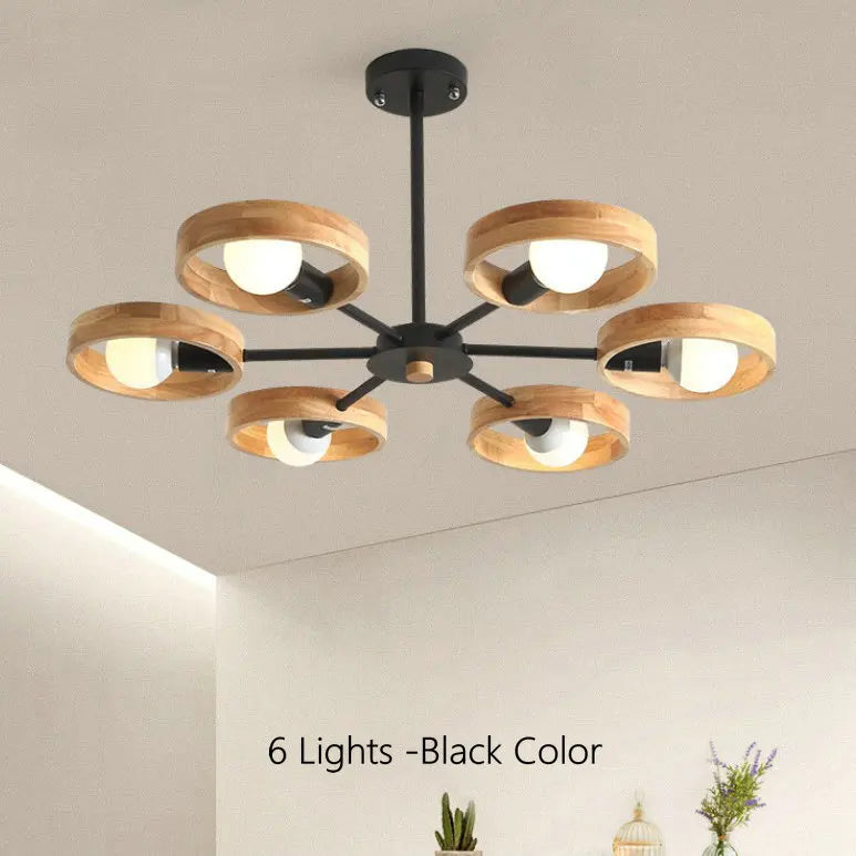 Lampe de lustre en bois nordique pour salon chambre salle à manger décor abat-jour en bois rond noir E27 Suspension