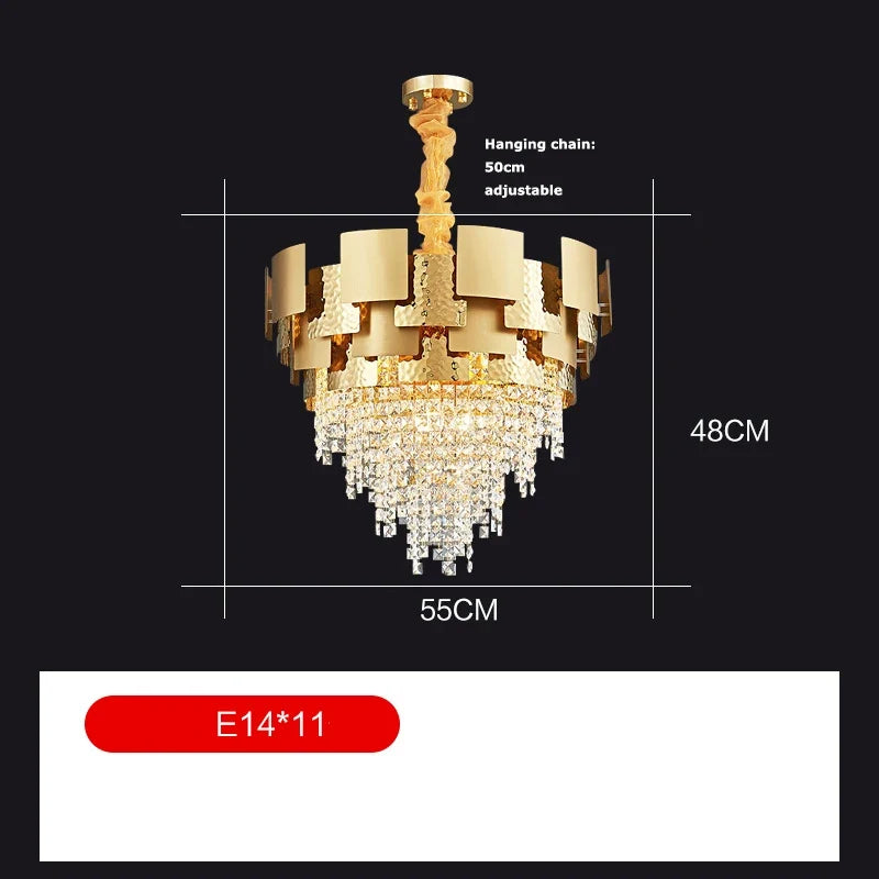 lustre en acier inoxydable à led avec cristal doré
